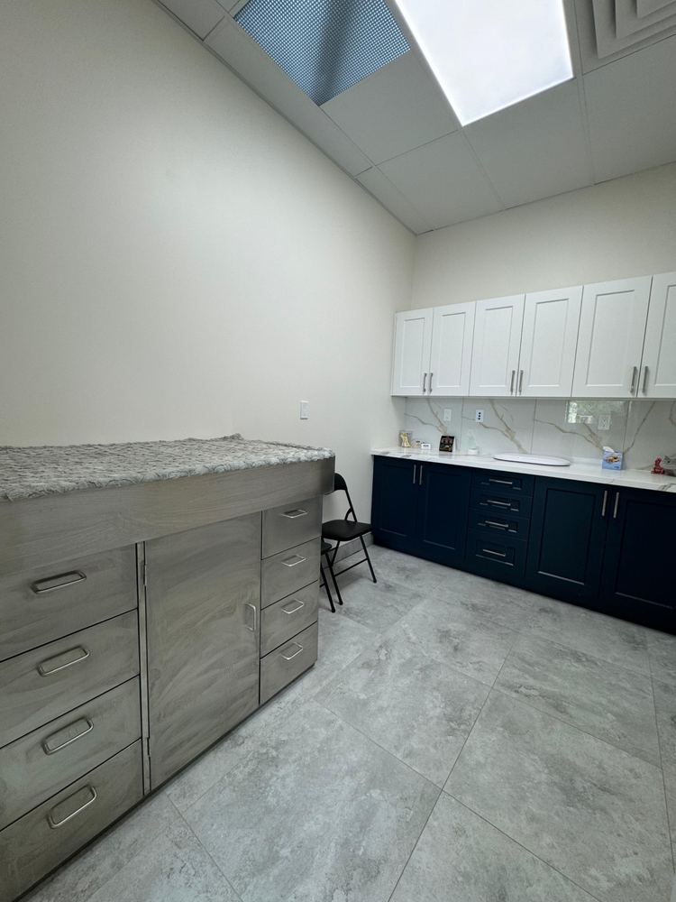 Exam room with a stainless steel exam table and navy cabinets