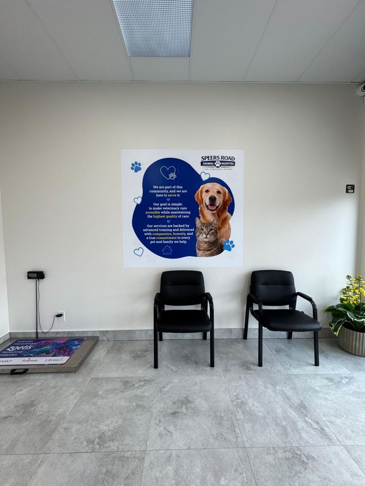 Waiting area with chairs beneath the clinic's welcome sign