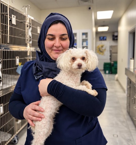 Hiba, receptionist, holding a small white dog in the treatment area