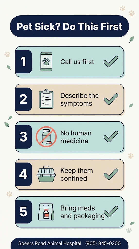 Checklist infographic, Pet Sick? Do This First: 1, call us first; 2, describe the symptoms; 3, no human medicine; 4, keep them confined; 5, bring meds and packaging