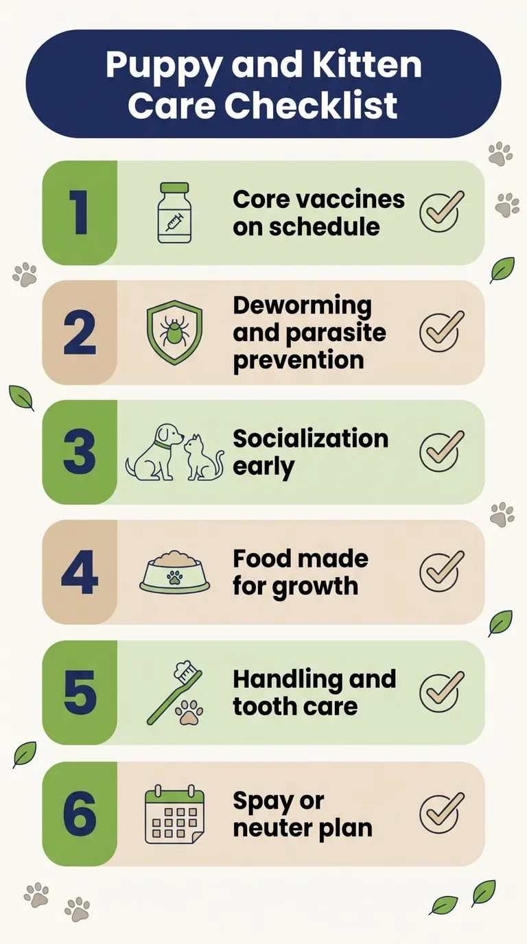Puppy and kitten care checklist: 1, core vaccines on schedule; 2, deworming and parasite prevention; 3, socialization early; 4, food made for growth; 5, handling and tooth care; 6, spay or neuter plan