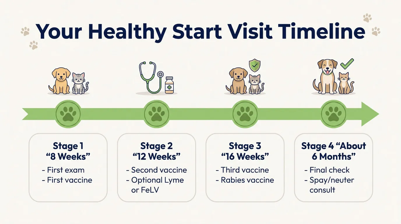Healthy Start visit timeline: 8 weeks, first exam and first vaccine; 12 weeks, second vaccine and optional Lyme or FeLV; 16 weeks, third vaccine and rabies vaccine; about 6 months, final check and spay/neuter consult